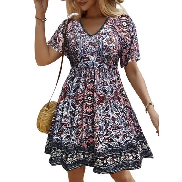 Plus Size Tribal Print Boho Dress 4XL (US 20) | V-Neck Lace Trim | Ethnic Patter - Picture 1 of 11